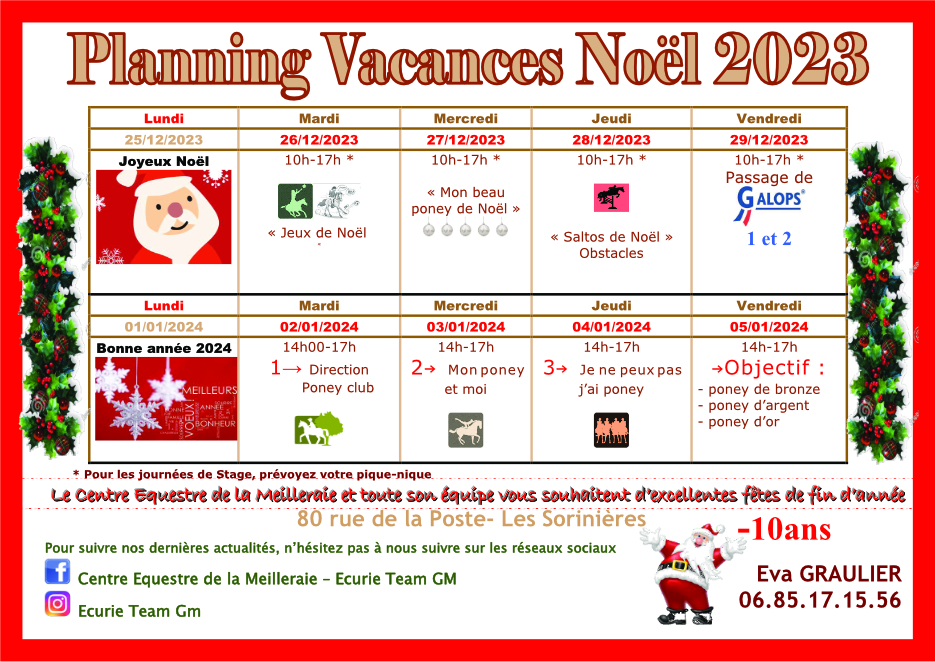 Centre équestre de la Meilleraie : planning des vacances de Noël 2023 - moins 10 ans - Les Sorinières (44)